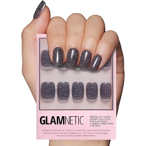 Glamnetic Press On Nails - Cosmic | Semi-Transparent Sparkly Black Short Squoval Fake Nails with a Glossy Finish, Salon Quality | 15 Sizes - 30 Nail Kit with Glue