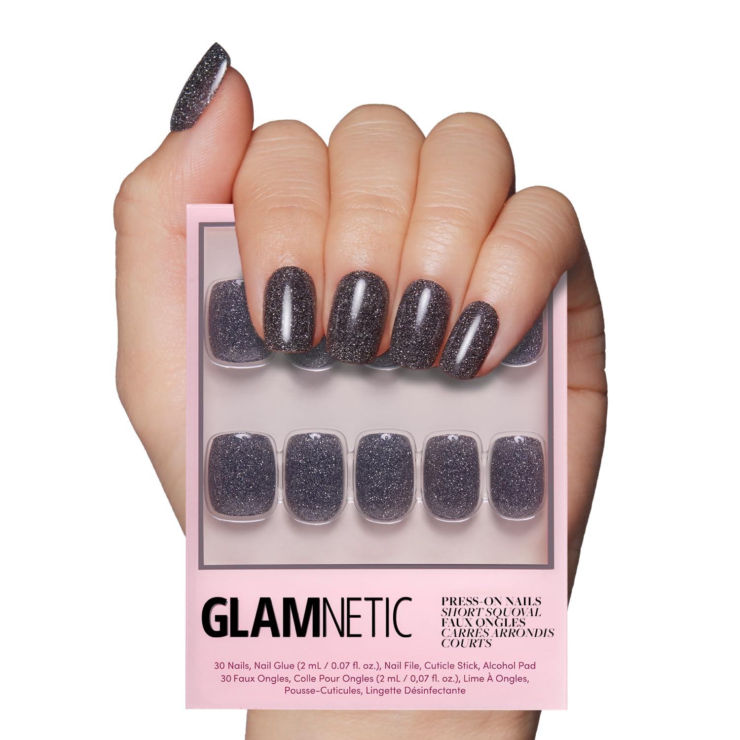 Glamnetic Press On Nails - Cosmic | Semi-Transparent Sparkly Black Short Squoval Fake Nails with a Glossy Finish, Salon Quality | 15 Sizes - 30 Nail