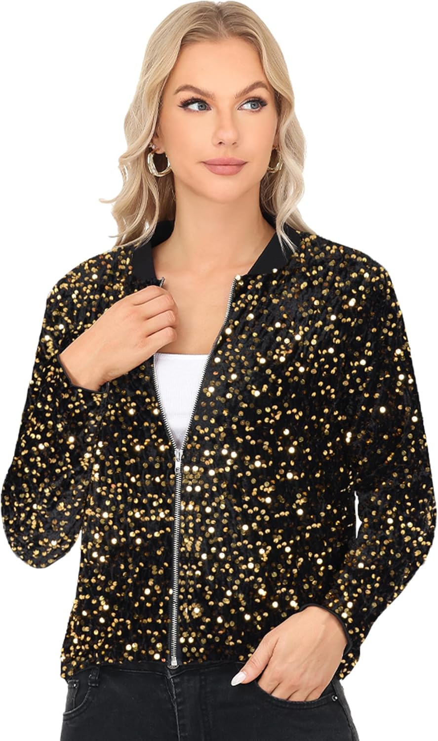 Anna-Kaci Women's Full Sequin Bomber Jacket Zip Up Long Sleeve Sparkly Glitter Lightweight Outerwear Coat - Image 2