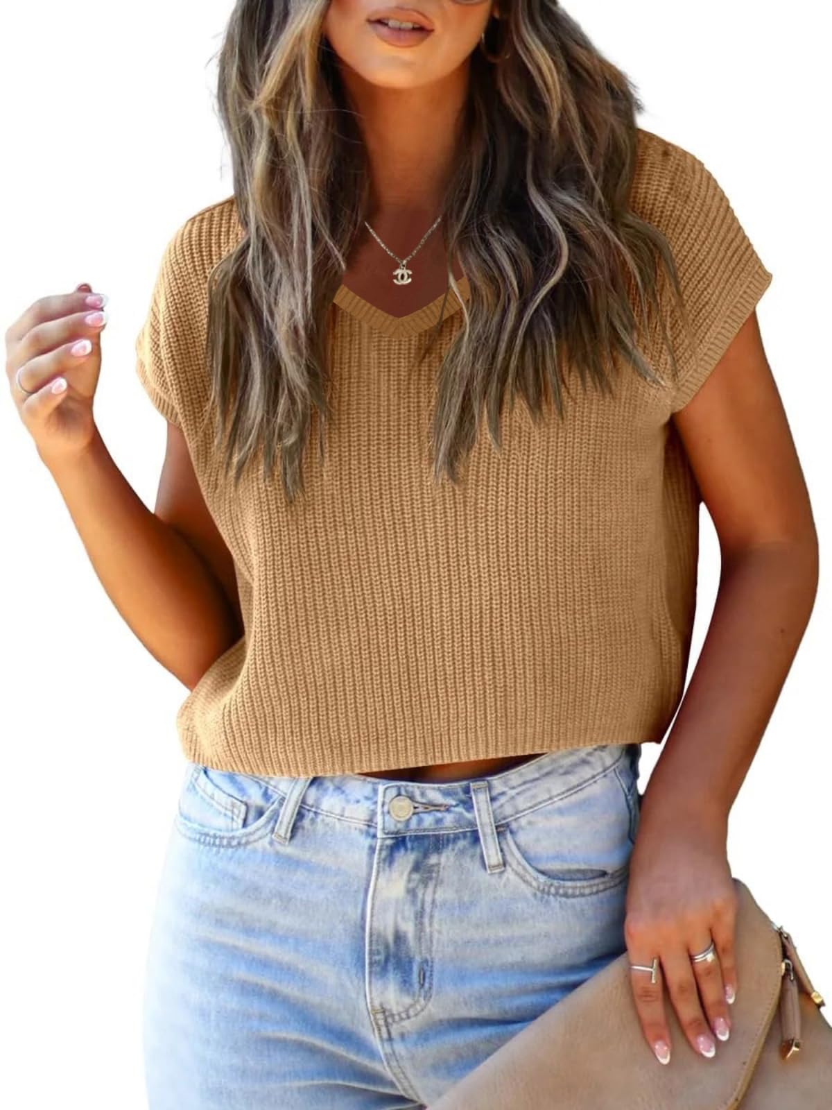 Womens Summer Cropped Sweater Vest Trendy Cap Sleeve Crop Tops Crew Neck Loose Knit Tank Top-image-39