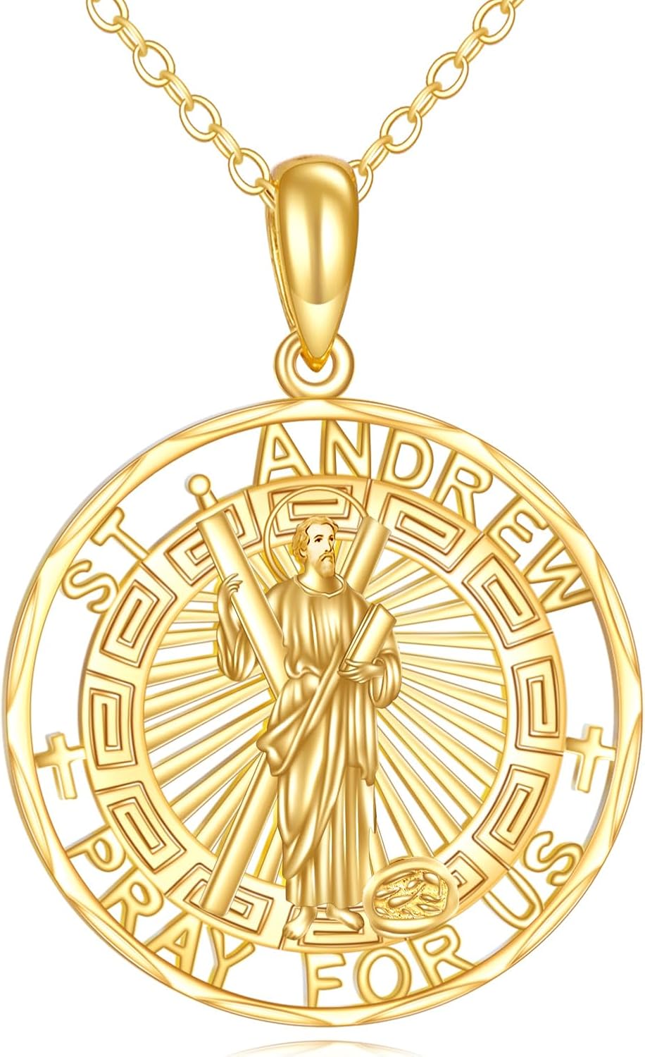KECHO 14K Solid Gold Saint Andrew Necklace Patron Saint Pendant 14K Real Gold Religious Jewelry Gifts for Men Women