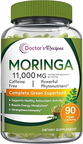 Doctor's Recipes Moringa 11,000 mg Fuerza, Superalimento verde completo, soporte antioxidante natural, sin OMG, 90 cápsulas veganas, sin cafeína,