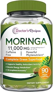 Doctor's Recipes Moringa 11,000 mg Strength, Complete Green Superfood, Natural Antioxidant Support, Non-GMO, 90 Vegan Caps, No Caffeine Soy Gluten