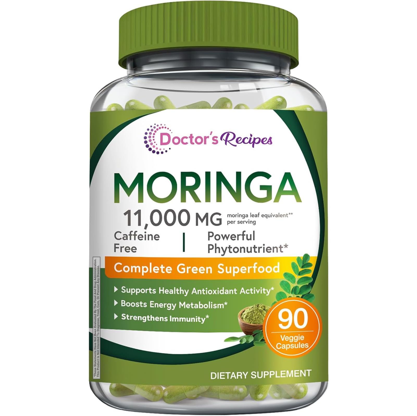 Doctor's Recipes Moringa 11,000 mg Strength, Complete Green Superfood, Natural Antioxidant Support, Non-GMO, 90 Vegan Caps, No Caffeine Soy Gluten