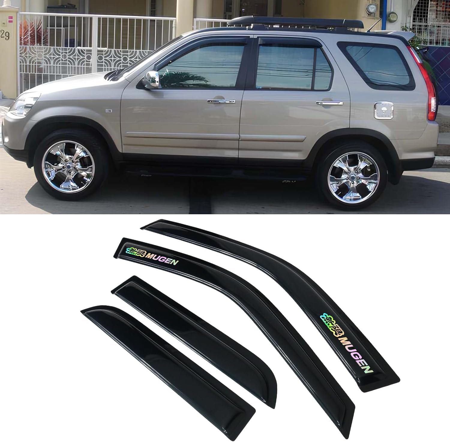 Window Visor Rain Guard Shade Compatible with 2002-2006 CRV, Side Window Vent Deflector, Dark Smoke Tinted, JDM Tape On Slim Style, 2002 2003 2004 2005 2006, Mug Sticker
