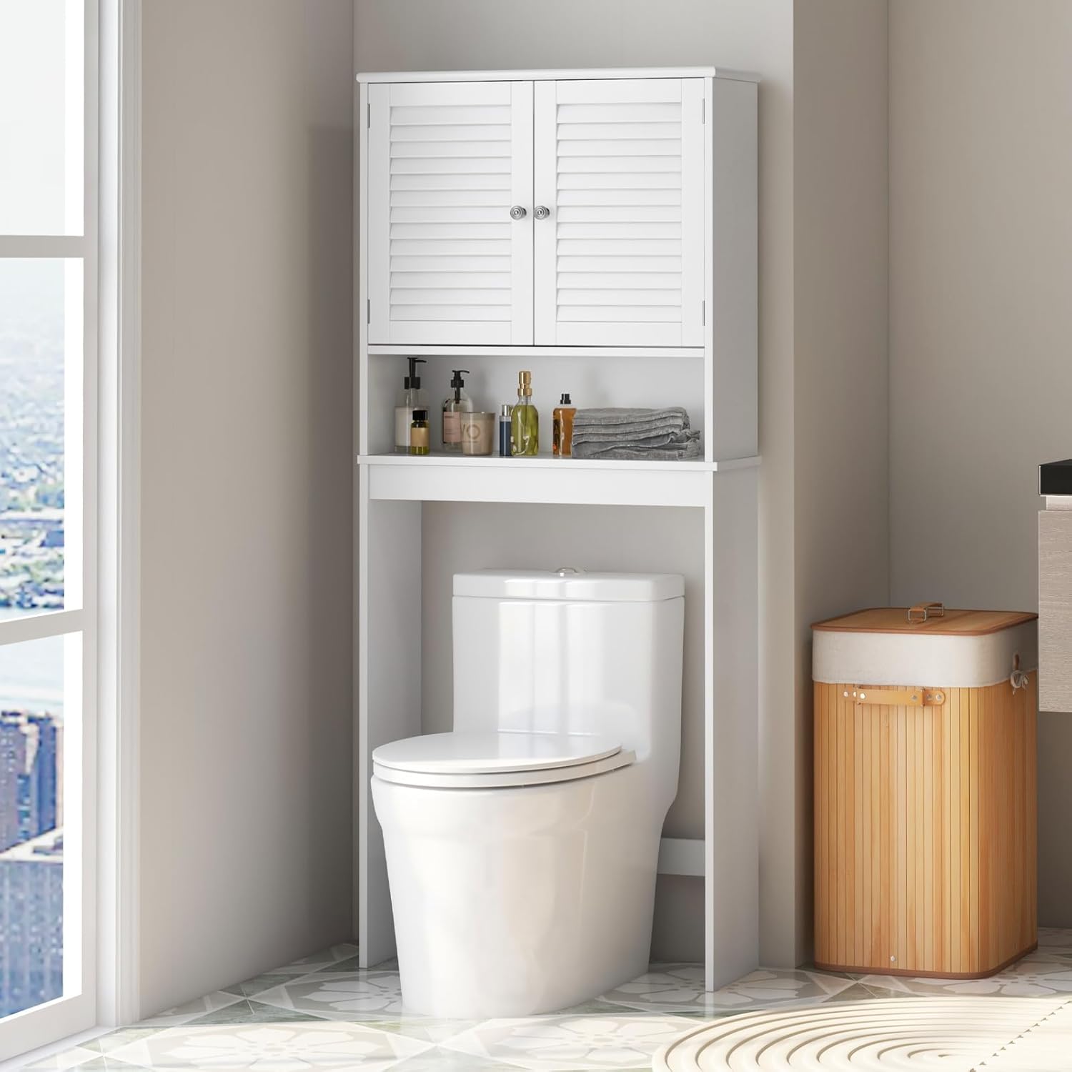 Giantex Over The Toilet Storage Cabinet, 3-Tier Over Toilet Bathroom Organizer with 2 Louvered Doors, Adjustable Shelf, Freestanding Above Toilet Space Saver for Restroom, Laundry Room