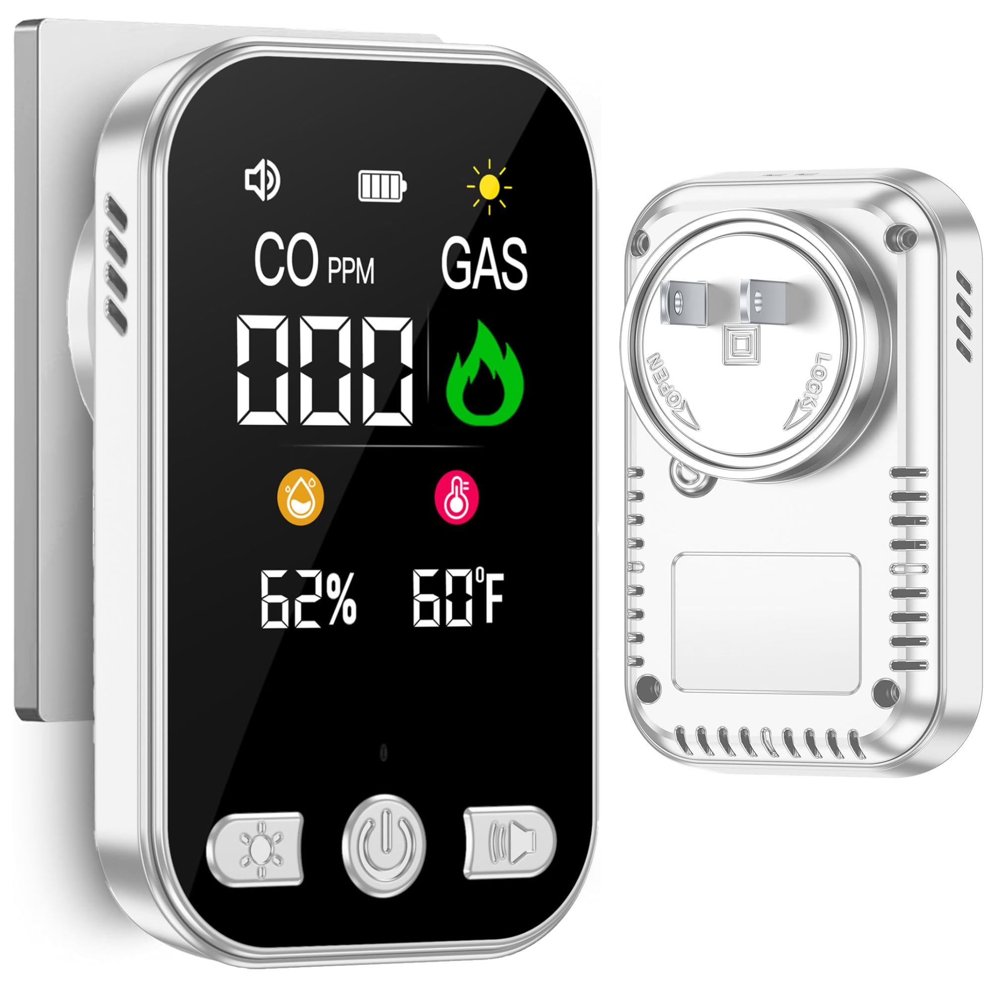 AMDV 4 in 1 Plug in Carbon Monoxide Detector, Combustible Gas Detector Alarm with 1000 mAh Backup Battery with HD Display (CO Gas Temp Humidity Sensor) for Home, RV, Apartment