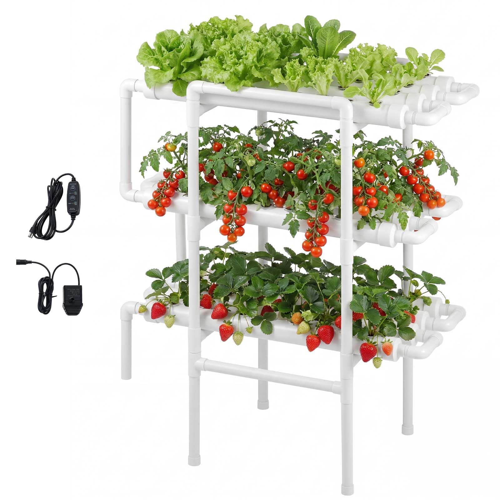 VEVOR Kit di Sistema di Coltivazione Idroponica con Tubi in UPVC a 3 Livelli e 108 Siti con Irrigazione Temporizzata, Tubi Idroponici Ispessiti, per Ortaggi da Interno per Frutta ed Erbe Aromatiche