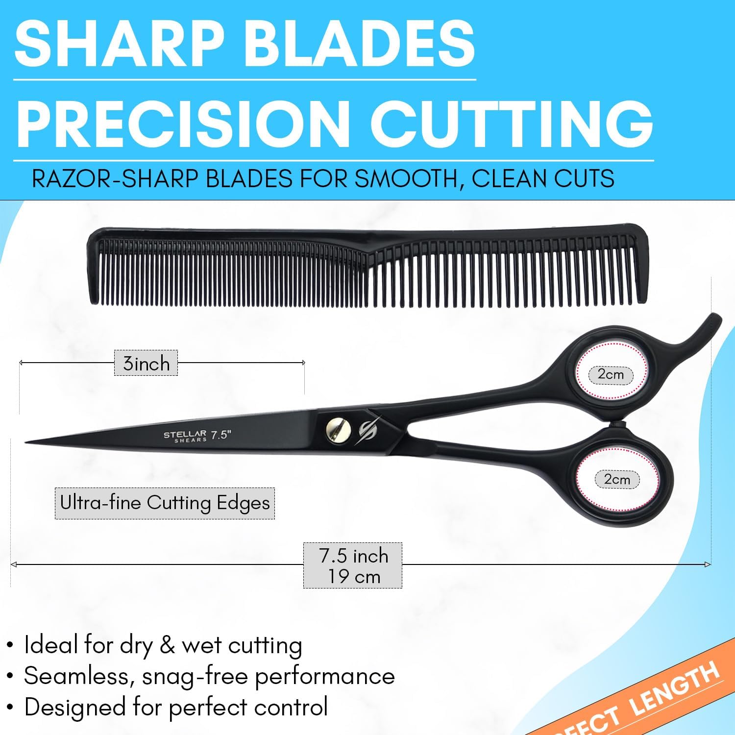 Hair Cutting Scissors 7.5 Inch – Ultra Sharp Barber Shears Stainless Steel – Professional Hairdressing Scissors for Men Women Kids – Salon Barbershop Home Use with Comb & Case (Black)