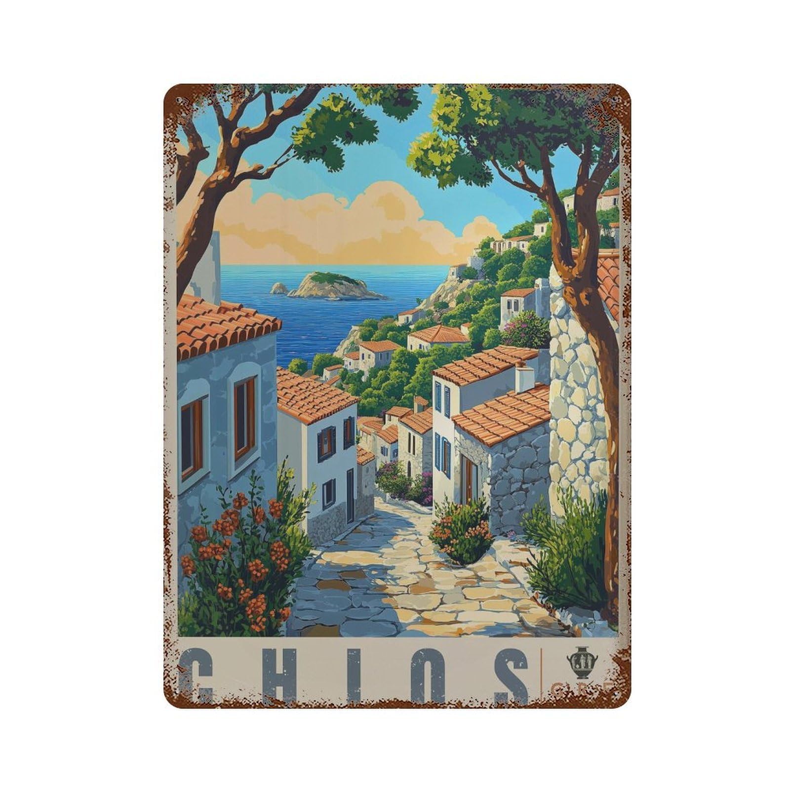 xiaoxiaoshen Chios Greece Aegean Coastal Village Mediterranean Decor Wall Decor Art Metal Tin Poster Modern Home Decor Art Home Bar Shop Decorations Vintage Sign 40x30cm