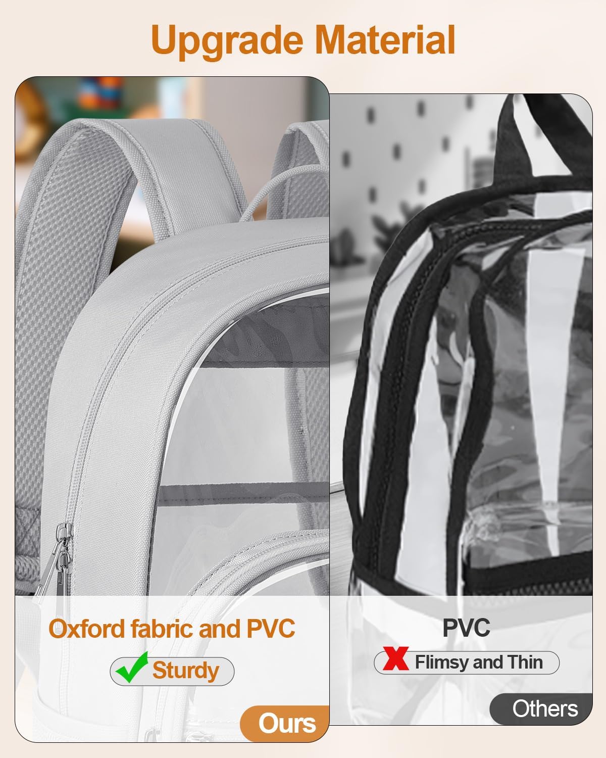 KIMNERPU Clear Backpack, Heavy Duty Transparent Bookbag for School, Fabric & PVC Transparent Backpack with Reinforced Strap for Women Men, Capacity Clear Bag for College, Travel, Security, Grey