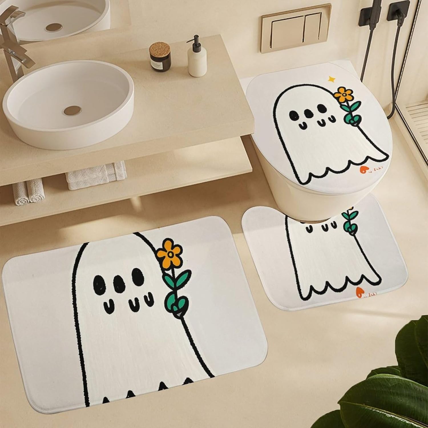 Take The Flower Ghost Shower Curtain Set 4 Piece, Non-Slip Bath Mat with Toilet Lid Cover and Waterproof Shower Curtain with 12 Hooks, Complete Bathroom Set for Home Decor