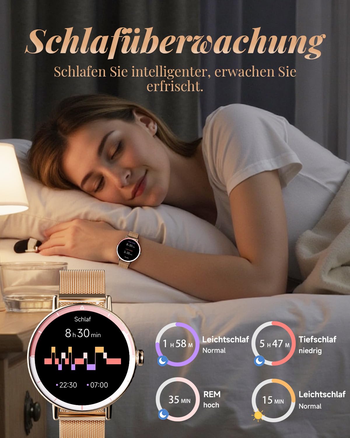TOOBUR Smartwatch Damen, 40mm Schrittzähler Uhr Rund, Roségold | Fitness Sport Uhr mit Zwei Armbändern, Kompatibel mit Android und iOS, Anrufe Annehmen & Tätigen, IP68 Wasserdicht