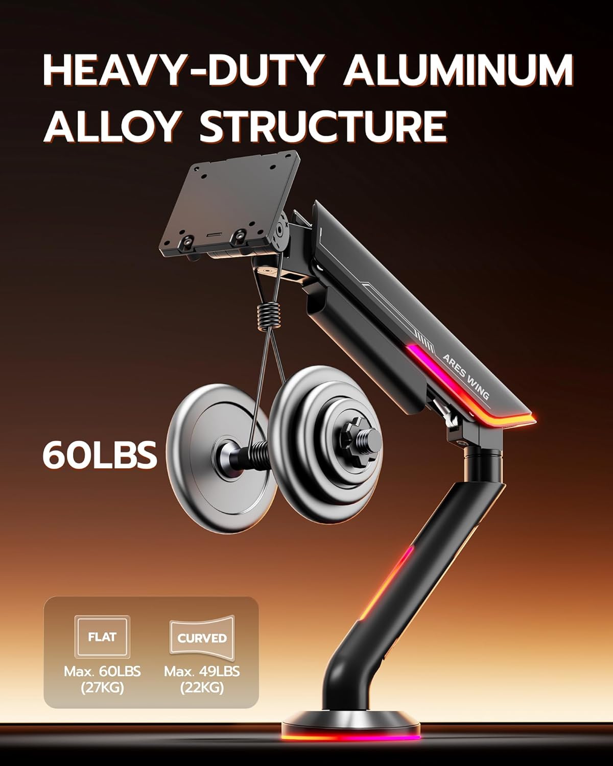 ARES WING Single Monitor Mount with RGB, Heavy-Duty Gaming Monitor Arm fits for 24"-57" Ultrawide Screen, Adjustable Computer Monitor Stand Holds Up to 60LBS with VESA Mount, Clamp & Grommet, Black