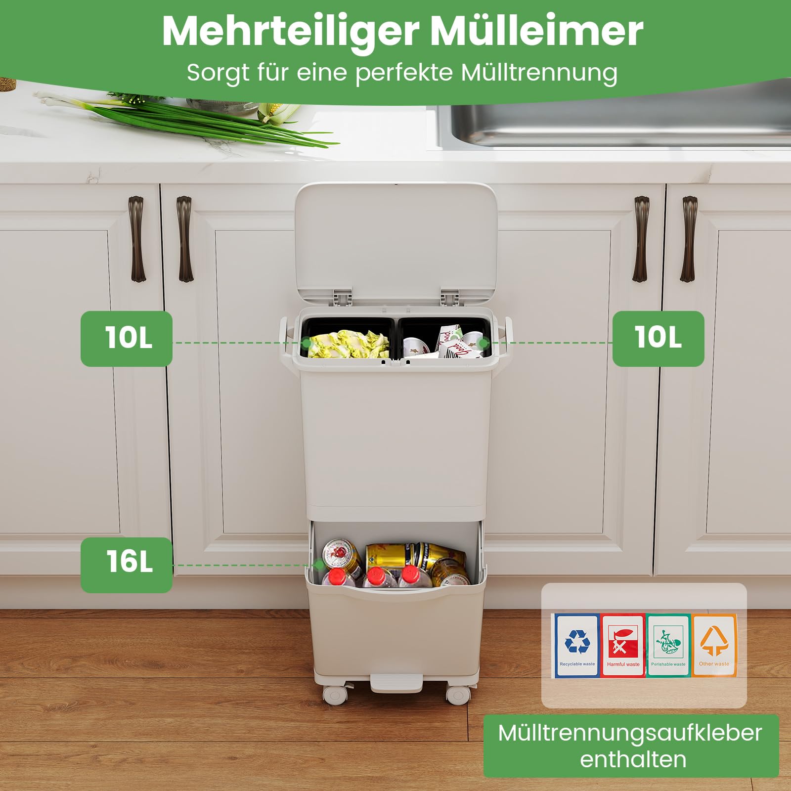 COSTWAY Mülleimer 3 Fächer, 36L Abfalleimer Küche, Tretmülleimer auf Rädern mit 2 herausnehmbaren Behältern & Aufkleber, Mülltrennsystem mit Deckel für Küche, Wohnzimmer, Büro
