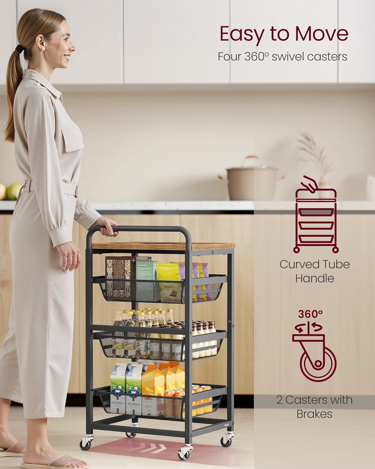 VASAGLE Storage Rolling Cart with Pull-Out Baskets, 4-Tier Utility Cart Orgnizer with Wheels for Laundry Room, Kitchen, Handle, 12.5 x 15.8 x 29.9 Inches, Rustic Brown and Ink Black ULRC040K01