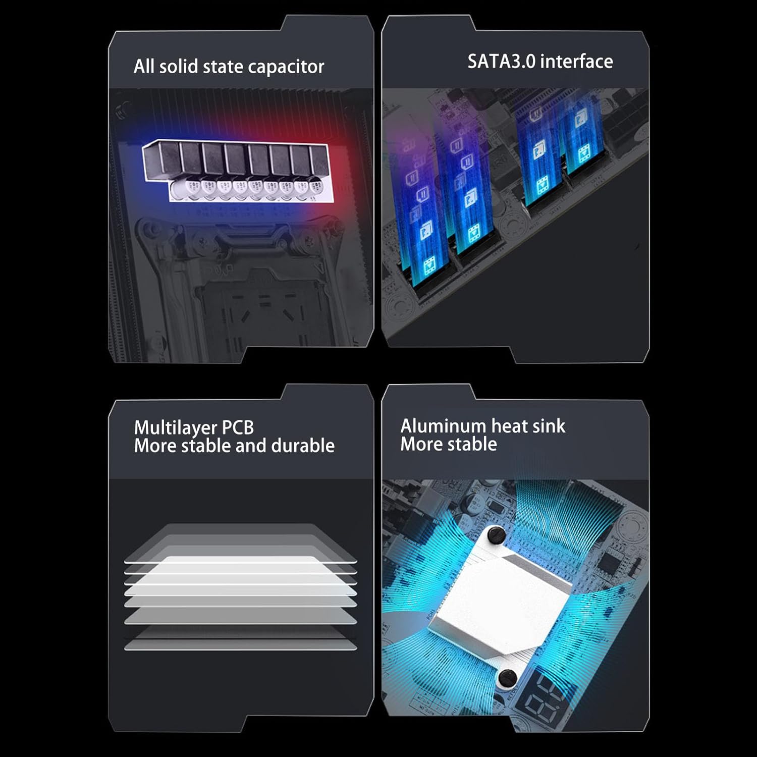 Motherboard components showing solid state capacitors, SATA3.0 interface, multilayer PCB, and aluminum heat sink.