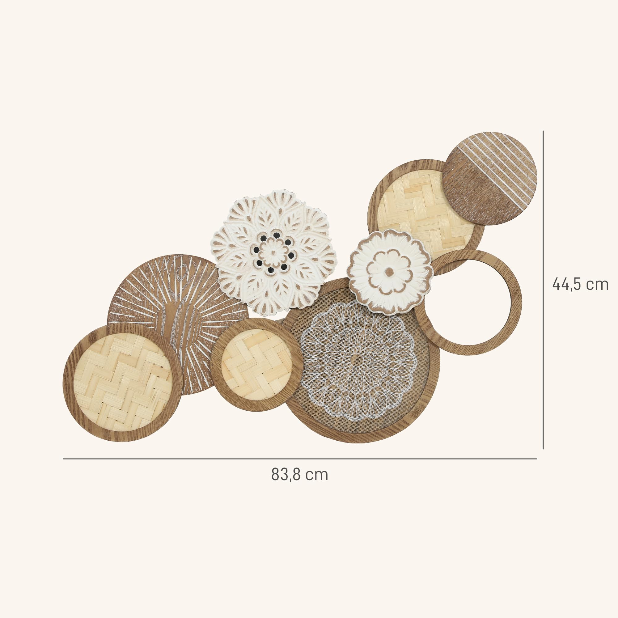 HOMCOM Decorazione murale in legno moderna, scultura murale in legno geometrica, design unico a più dischi, decorazione sospesa per soggiorno, camera da letto, ufficio, 83,8 x 44,5 cm, legno naturale