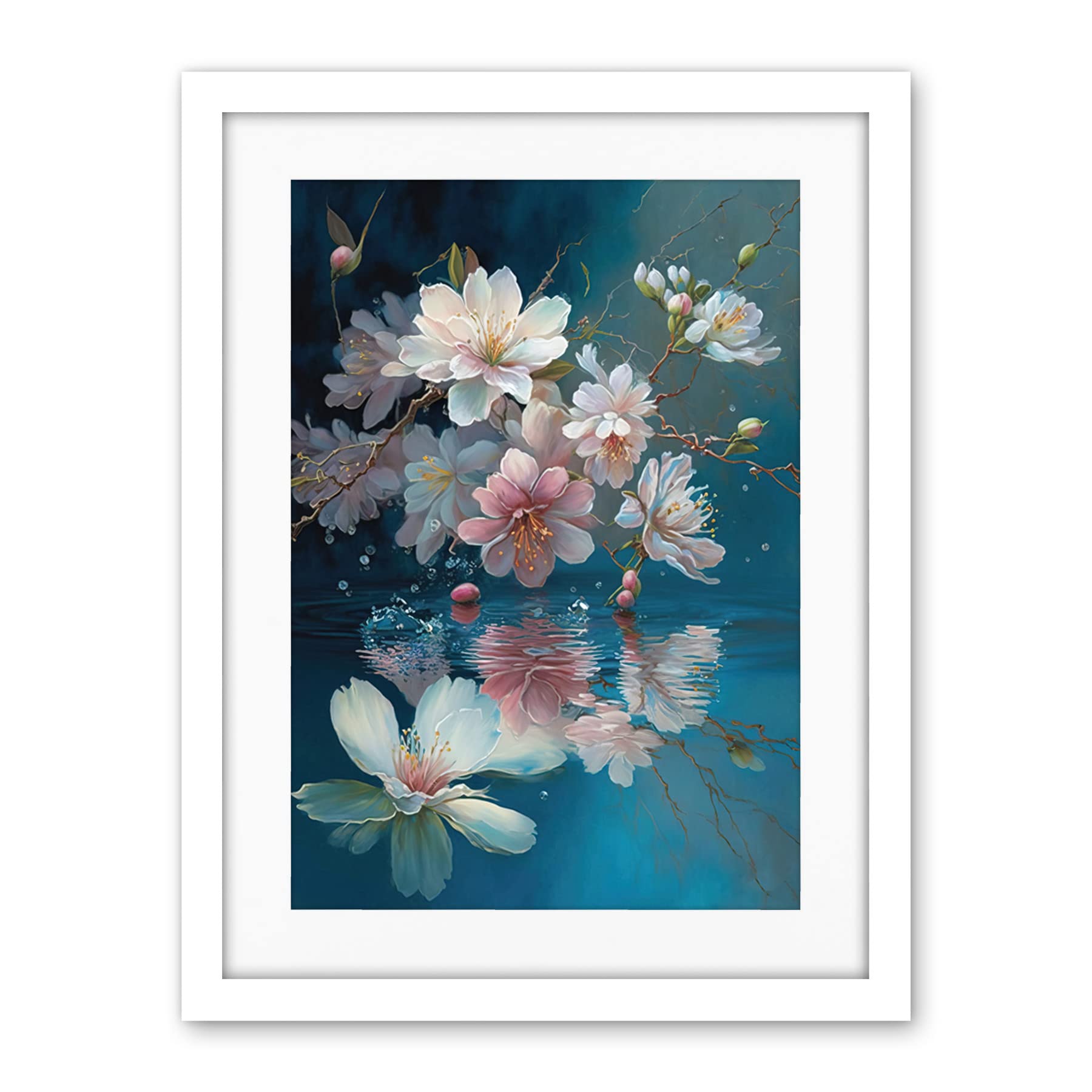Artery8 Cherry Blossom Branch Dancing Over Water Modern Watercolour Painting Artwork Framed Wall Art Print 18X24 Inch