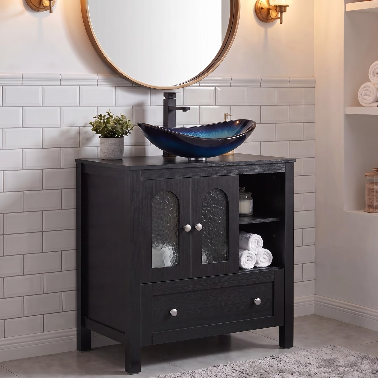SOLIDEE 30 inch Black Bathroom Vanity with Water Ripple Design Doors and Blue Boat Glass Sink