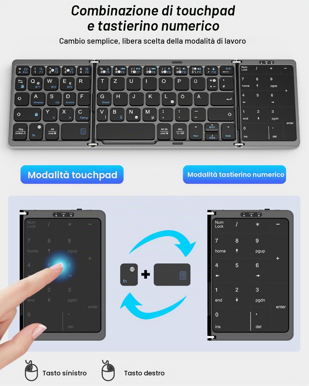 MoKo Tastiera Bluetooth Pieghevole, Tastiera Tedesca Portatile, QWERTY | Pieghevole con Touchpad e Pad Numerico, Tastiera Ricaricabile Multi Dispositivo per Windows, iOS, Android Tablet/Phone