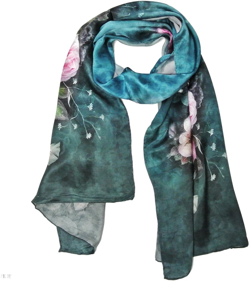 allydrew Luxurious 100% Charmeuse Silk Floral Painting Long Scarf with Hand Rolled Edges, Peonies on Teal
