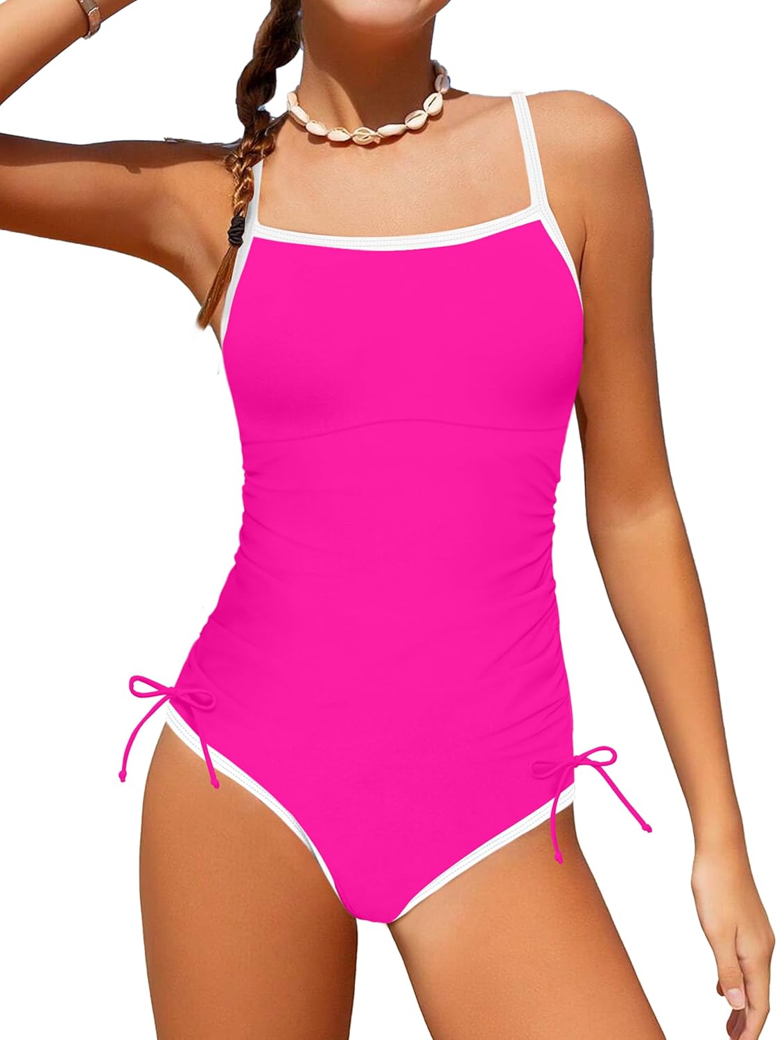 Girls Swimsuit One Piece Bathing Suit Color Block Strap Swimwear Drawstring Swimsuits for Teens 9-16Y with Padded