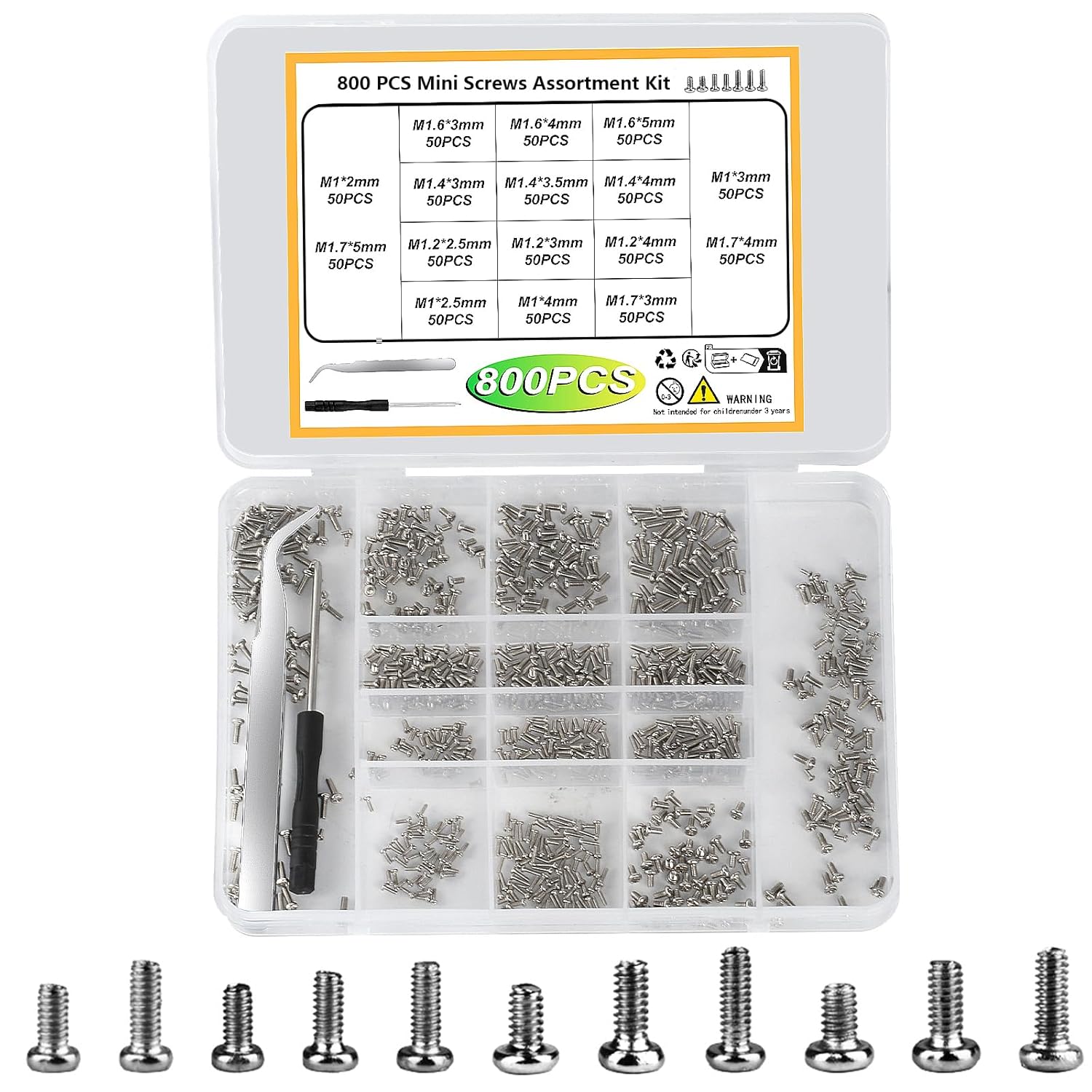 Tiny Screws for Electronics, 800 pcs Mini Micro Small Phillips Pan Head Machine Screws Assortment Kit for Electronic Repair, Nickel-Plated Carbon Steel, M1/M1.2/M1.4/M1.6/M1.7