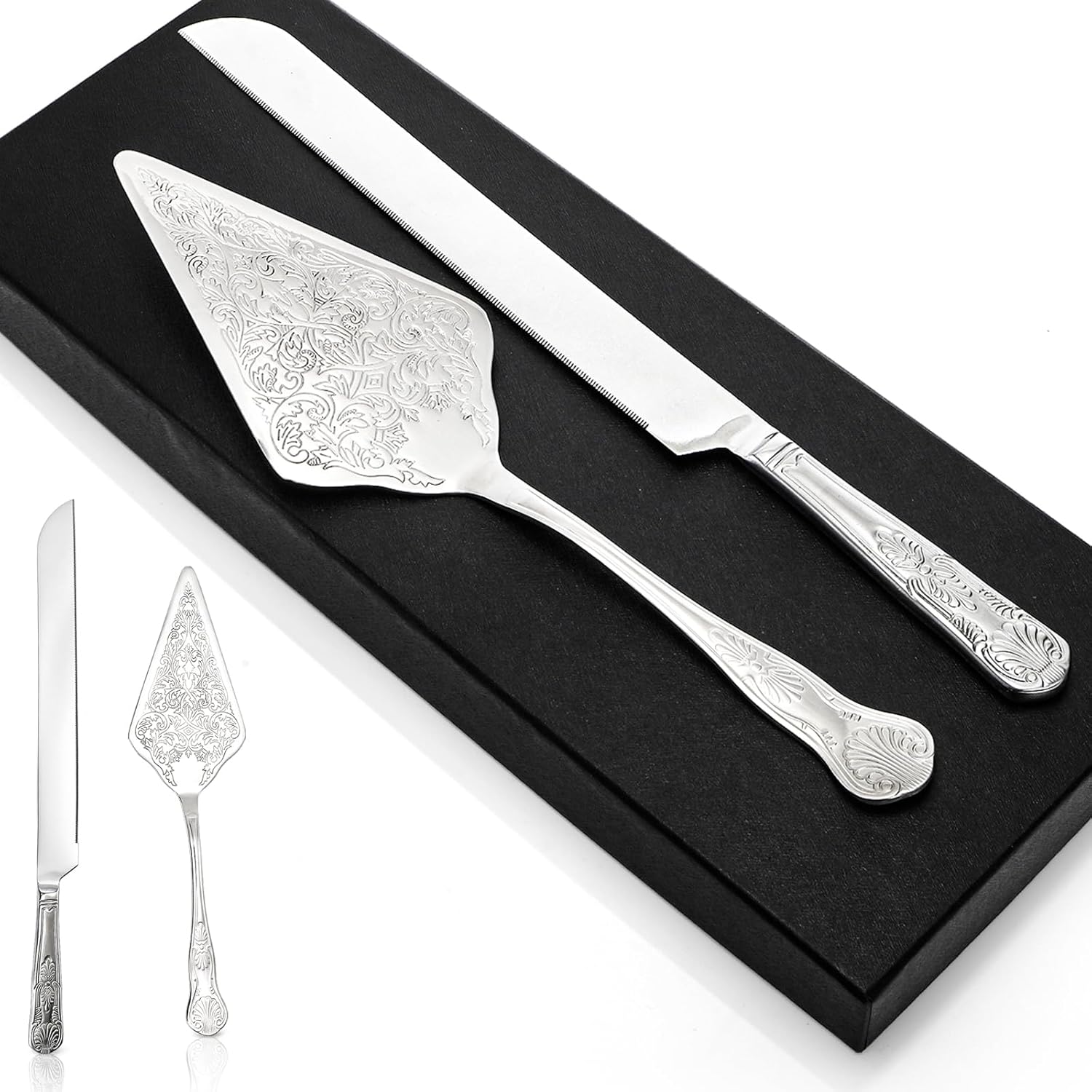 Wedding Cake Knife and Server Set, Stainless Steel Engraved Cake Cutting Set, Silver Vintage Pizza Cutter and Serving Spatula for Wedding, Anniversary, Engagement, Birthday, Party