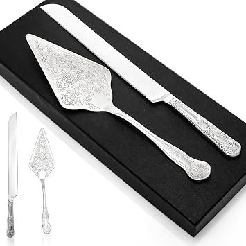 Wedding Cake Cutting Set, Stainless Steel Knife Server, Silver | Engraved Cake Cutting Set, Vintage Pizza Cutter and Serving Spatula for Wedding, Anniversary, Engagement, Birthday, Party
