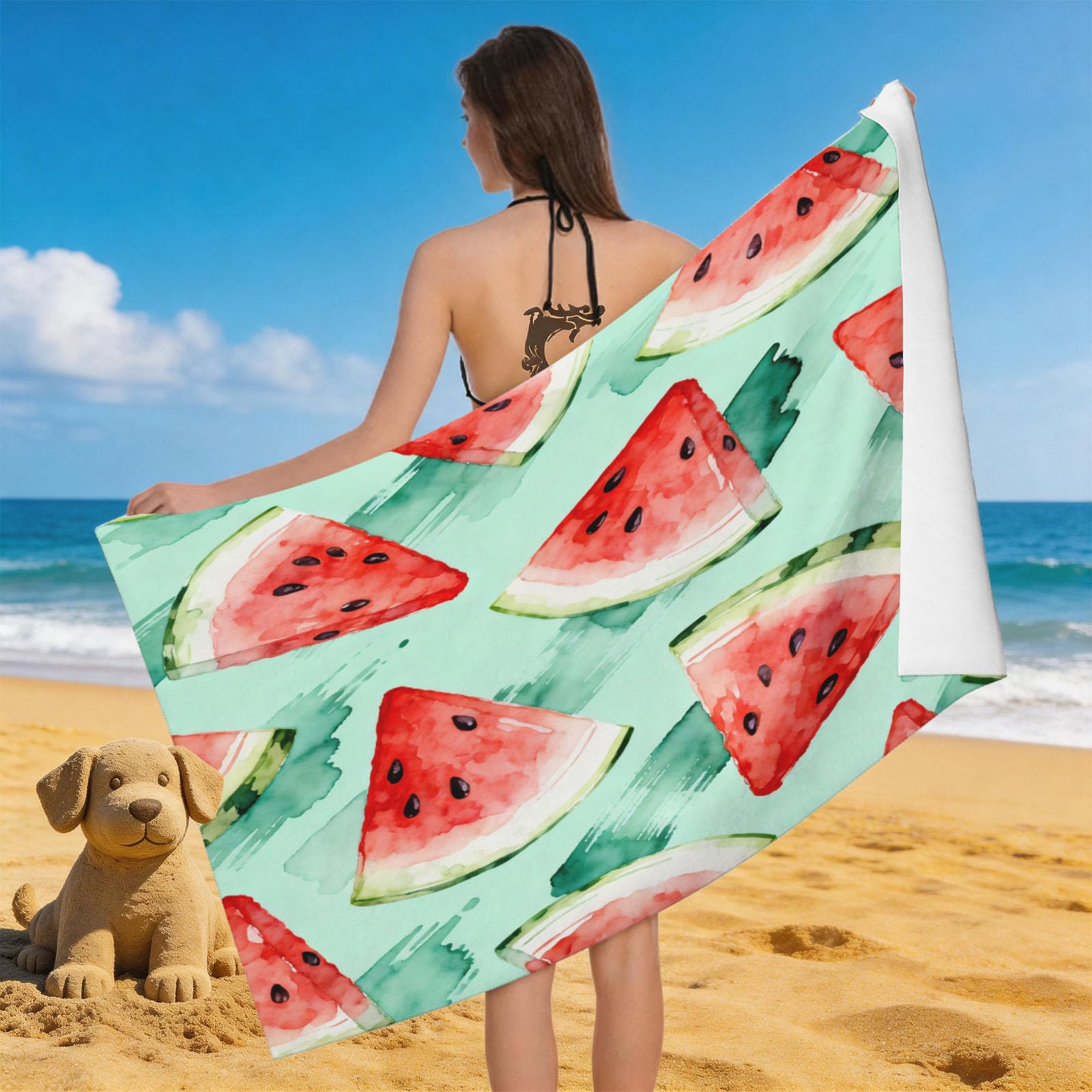 Leichong 3D Watercolor Watermelon Beach Towel Microfiber Soft Quick Dry for Adults, Fruit Slices Bath Towel Lightweight Soft Absorbent for Travel Swimming Pool Sports, 75 x 150 cm
