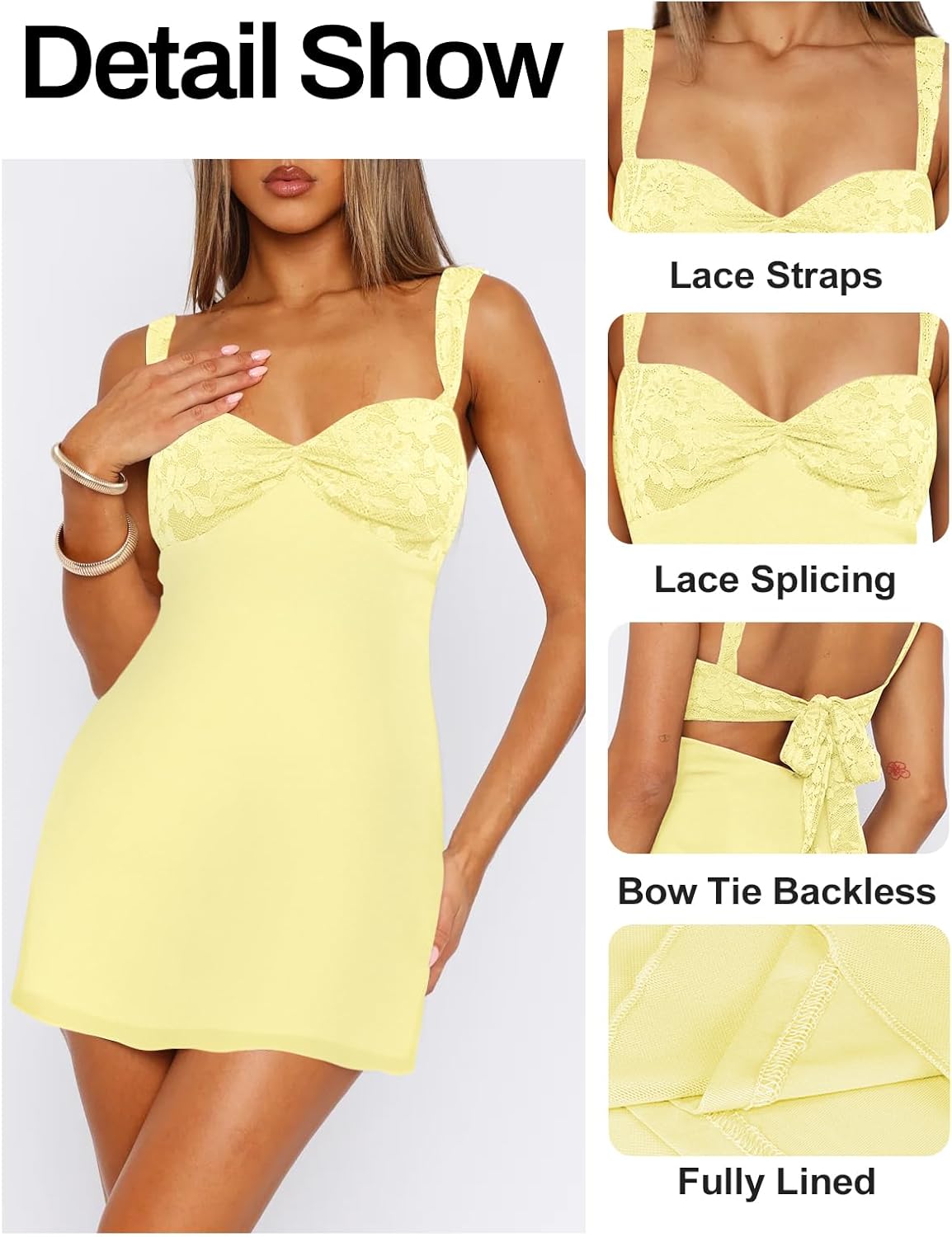 Women's Summer Mini Dresses Sleeveless Sexy Square Neck Lace Splicing Cocktail Party Straps Bodycon Dress - Image 3