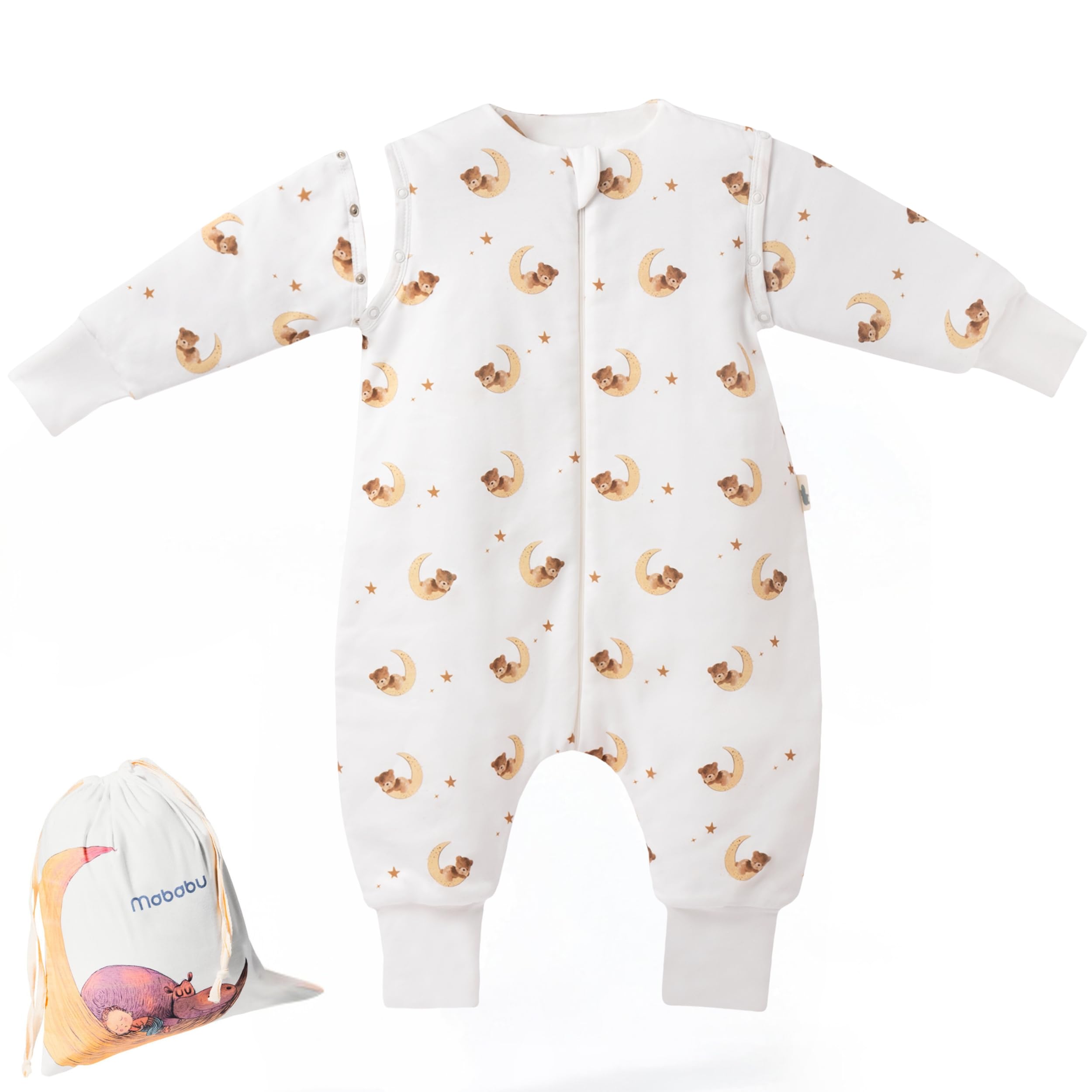 Mababu Ganzjahres Baby Schlafsack mit Füßen & abnehmbaren Ärmeln - 2.5 TOG - 100% GOTS Bio-Baumwolle - Ganzjähriger Kinderschlafsack mit Füßen- umklappbare Bündchen (Bär, 70cm)