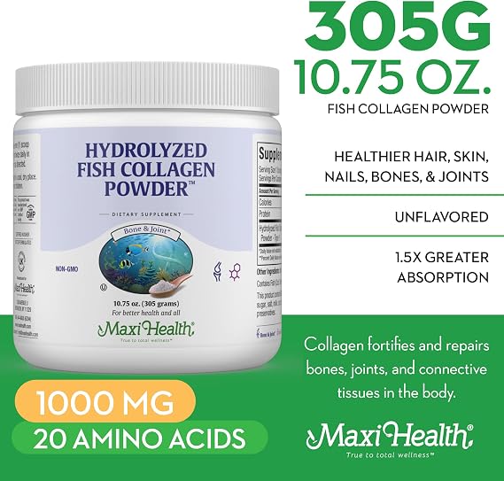Maxi Health Collagen Peptides Powder Type I Unflavored Marine Powder Collagen for Women & Men - Wild-Caught Protein Supplement for Joints, Skin, Hair & NailNails (10.75 oz)