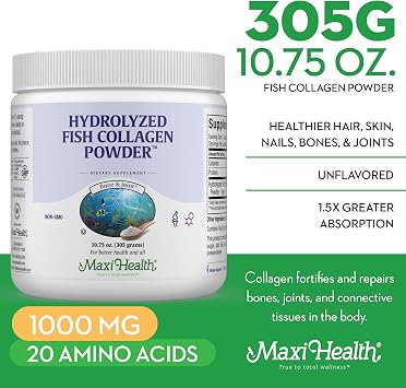 Maxi Health Collagen Peptides Powder Type I Unflavored Marine Powder Collagen for Women & Men - Wild-Caught Protein Supplement for Joints, Skin, Hair & NailNails (10.75 oz)