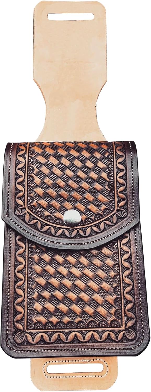 Handcrafted Leather Western Horse Saddle Rear Cinch Mobile Phone Holder Case with Basketweave Tooling – Western Belt & Saddle Phone Pouch, Adjustable Buckle Closure 011