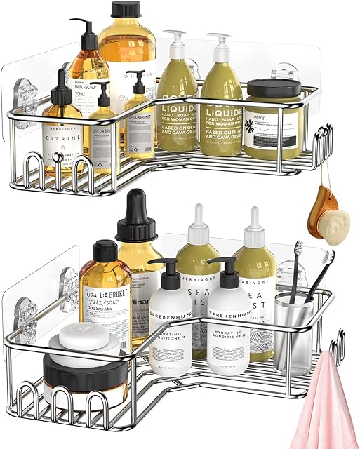 Corner Shower Shelf, Cosicosy Adhesive Bathroom Corner Shelf with 12 Built-in Hooks, Wall Mounted Corner Kitchen Shelf Shower Caddy Bathroom Accessories Storage Organizer No Drilling - 2 Pack, Silver