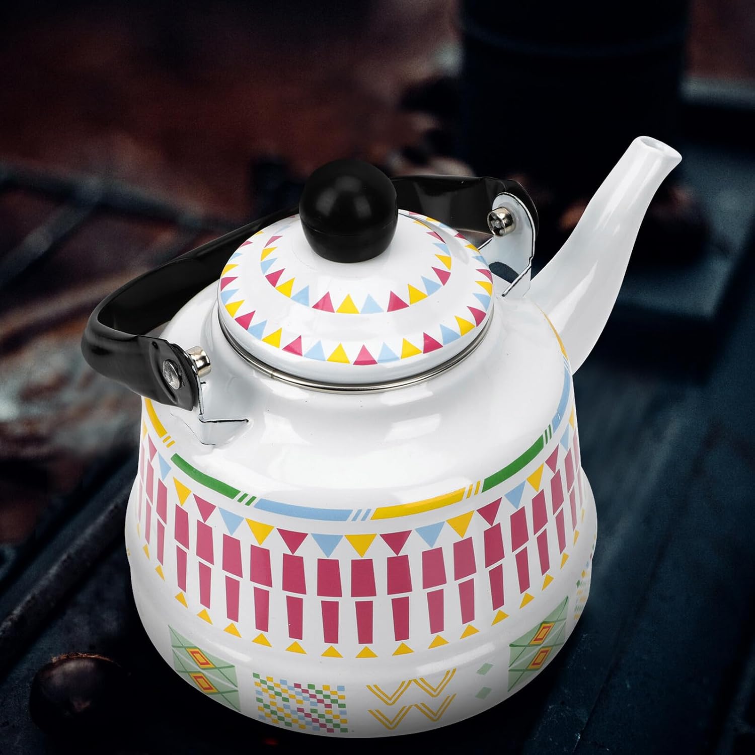 Enamel Water Kettle 1.7l White Geometric Pattern Stovetop Tea Pot Household Cooking Kettle for Boiling Water and Heating Milk