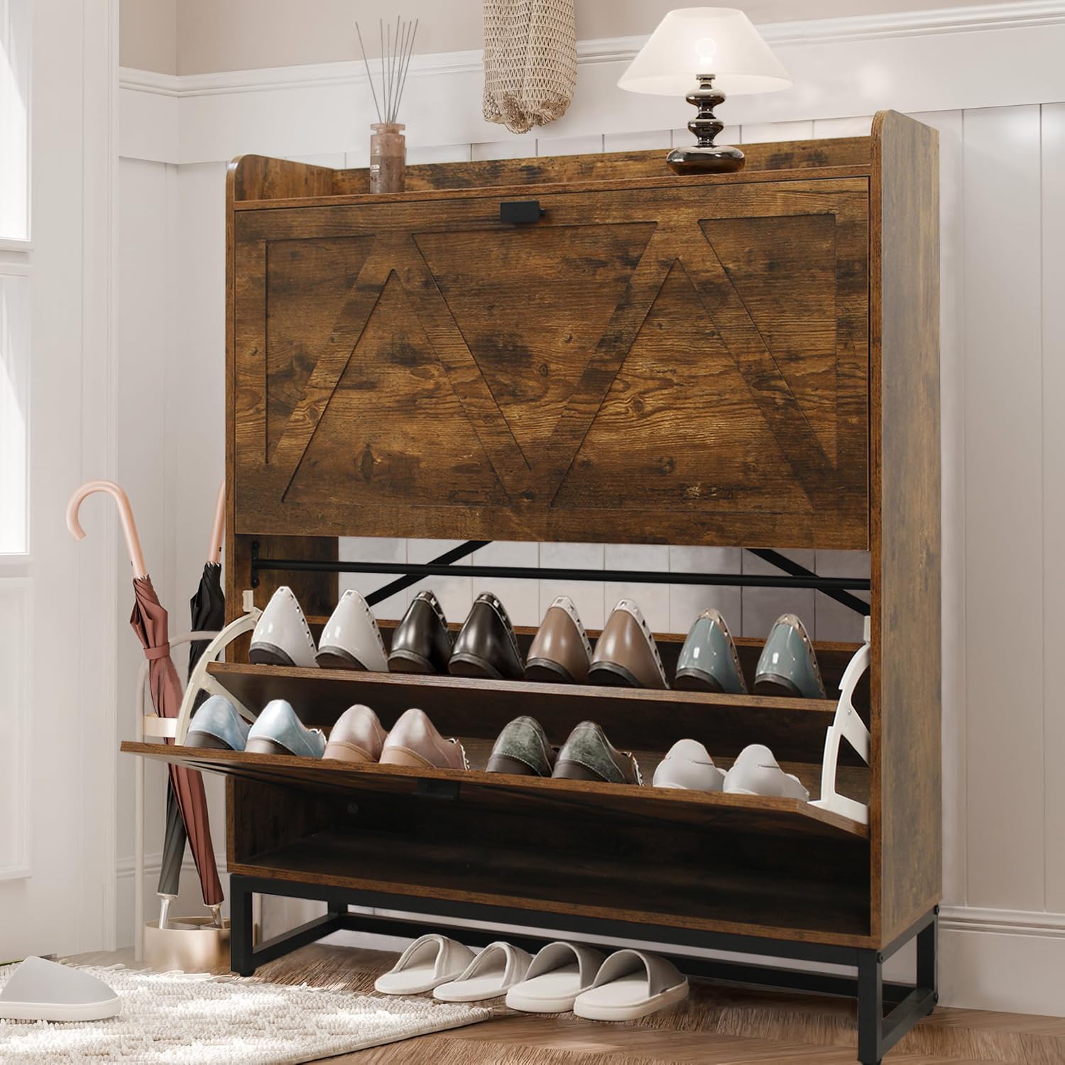 AT-VALY Shoe Storage Cabinet for Entryway, Narrow Shoe Rack with 2 Flip Drawers, Freestanding Hidden Organizer Cabinet with Metal Legs (Rustic Brown)