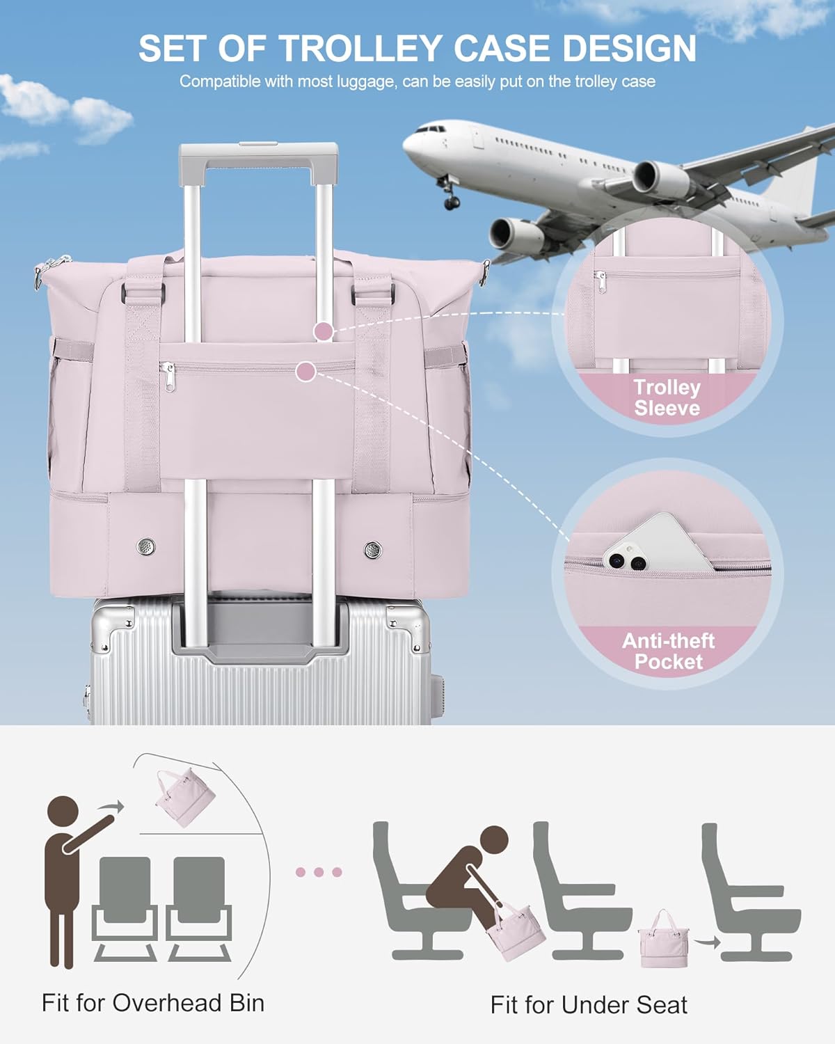 Weekender Bags for Women, Travel Duffel with Shoe Compartment USB Charging, Carry On Gym Duffle Bag with Wet Pocket, Personal Item Overnight Tote Bag for Airlines, Lotus Pink - Image 5