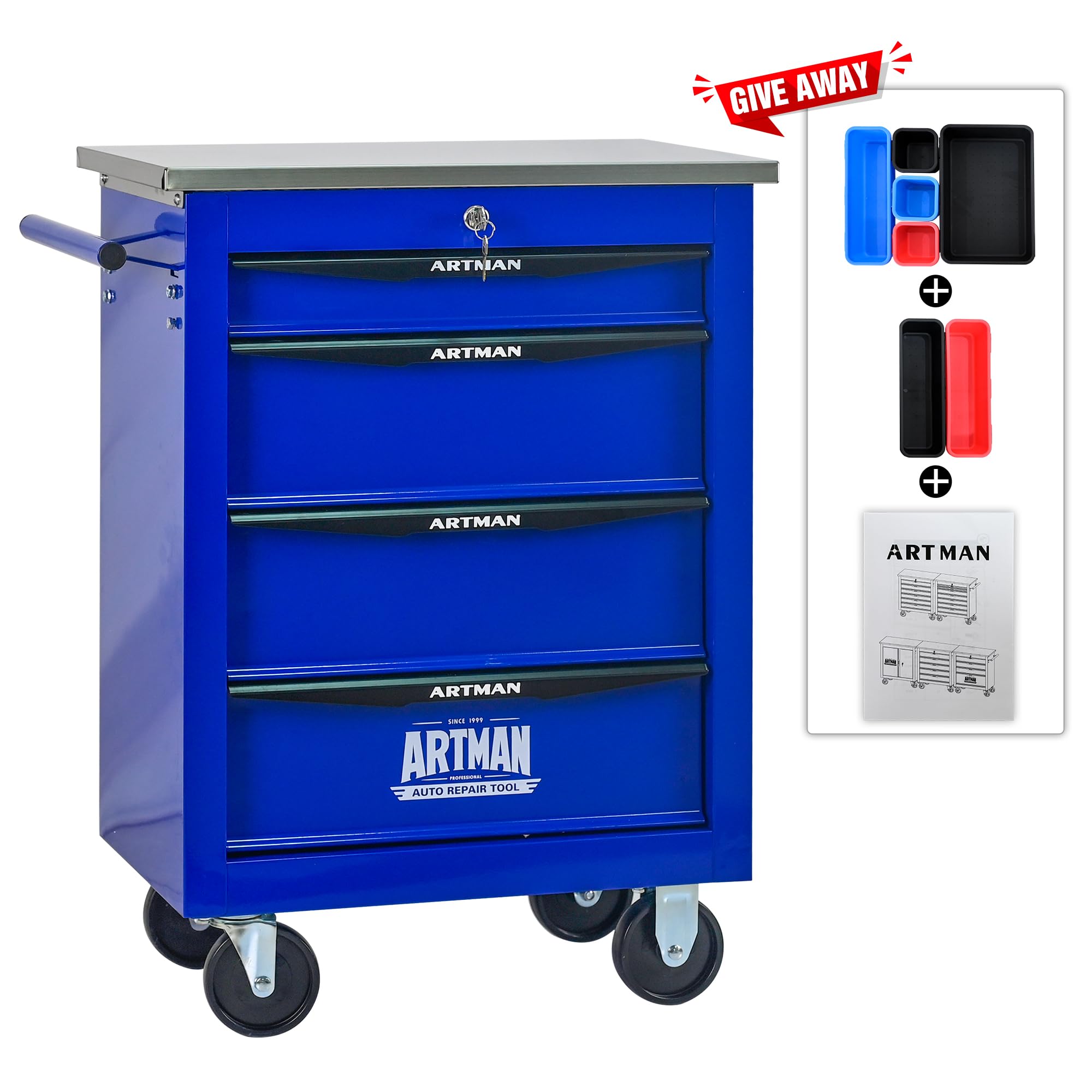 Generisch Carrello portautensili a 4 cassetti, con ruote e cassetti, 15 kg per cassetto, struttura in acciaio, verniciato a polvere, piano di lavoro e ganci, per garage/officina