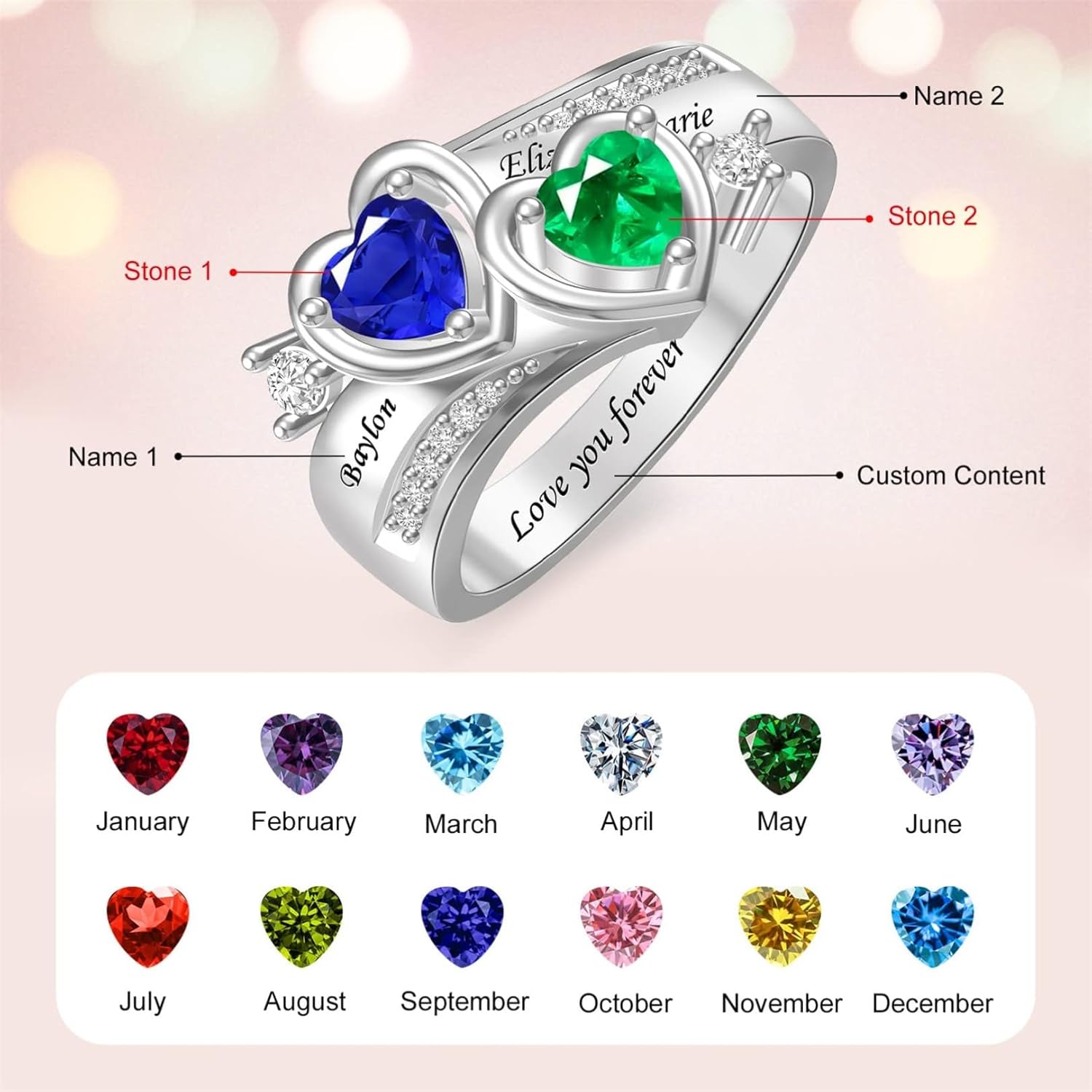 S925 Sterling Silver Mothers Ring with 2 Birthstones Custom Engraved Name Engagement Wedding Promise Rings for Her Girlfriend Sisters Couple Birthday Mother's Day Valentine Gift