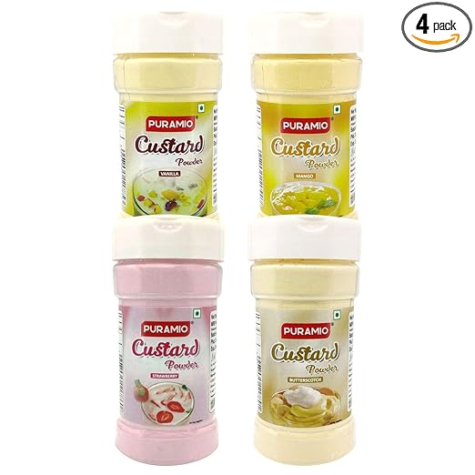 Puramio Custard Powder [Pack of 4]- Vanilla, Strawberry, Mango & Butterscotch, 100g Each
