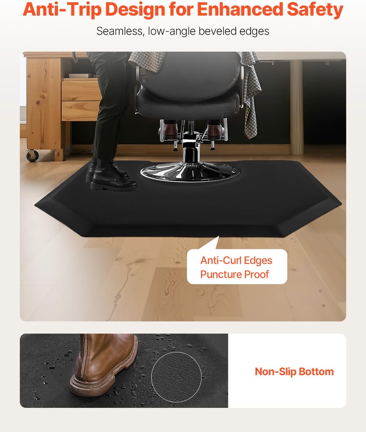 VEVOR Salon Mat for Hair Stylist, 4 x 5 FT Hexagon Salon Chair Mat Anti Fatigue, 1-inch Thickened Barber Shop Floor Mat with Round Cut Out, Easy-to-Clean PVC Surface & Anti-Trip Beveled Edges