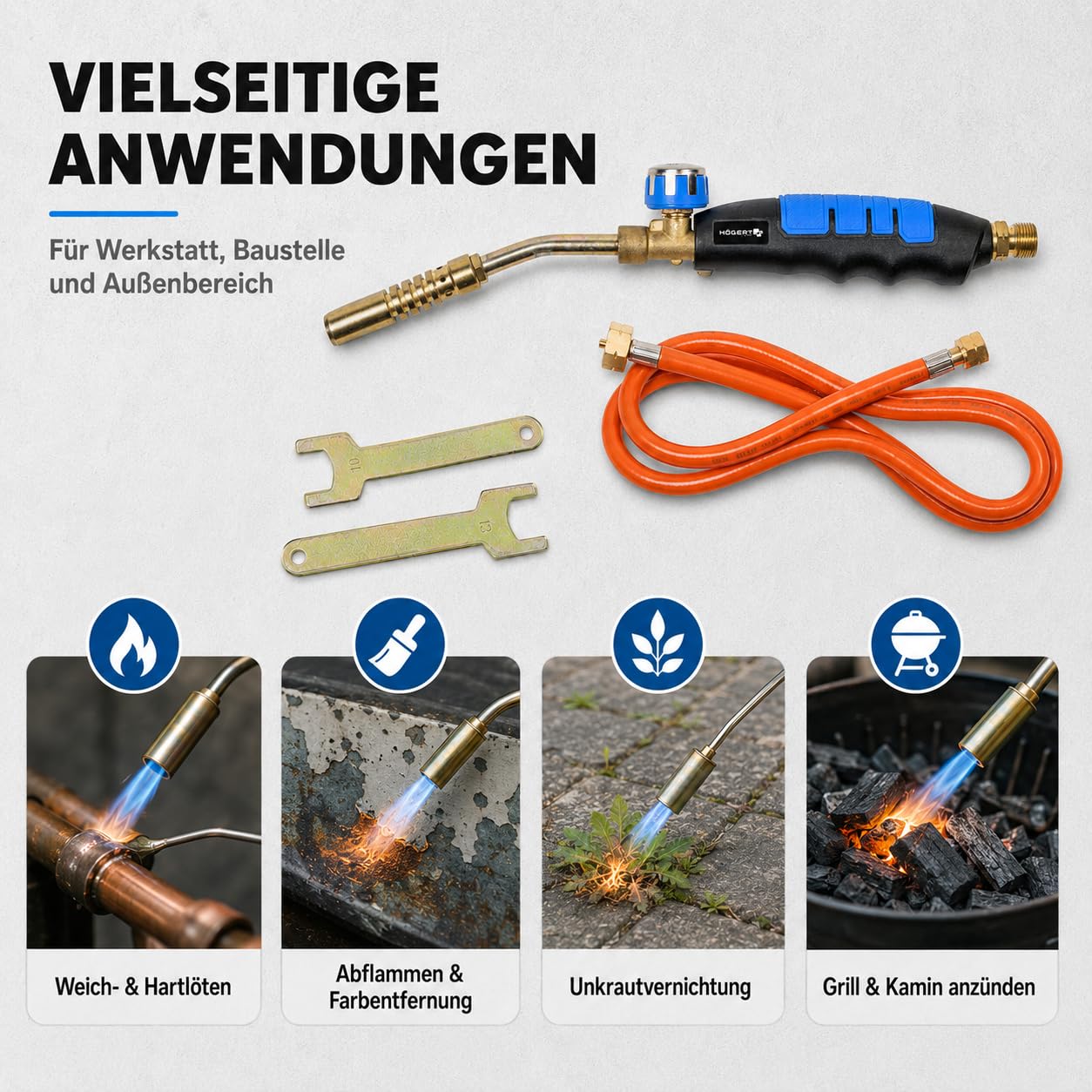 Högert Technik Gasbrenner Set HT2C511, Lötbrenner mit 2 kW Leistung, 1850C Flammentemperatur, inkl. 1,5m Schlauch und Schlüssel, für Löten und Abflammen
