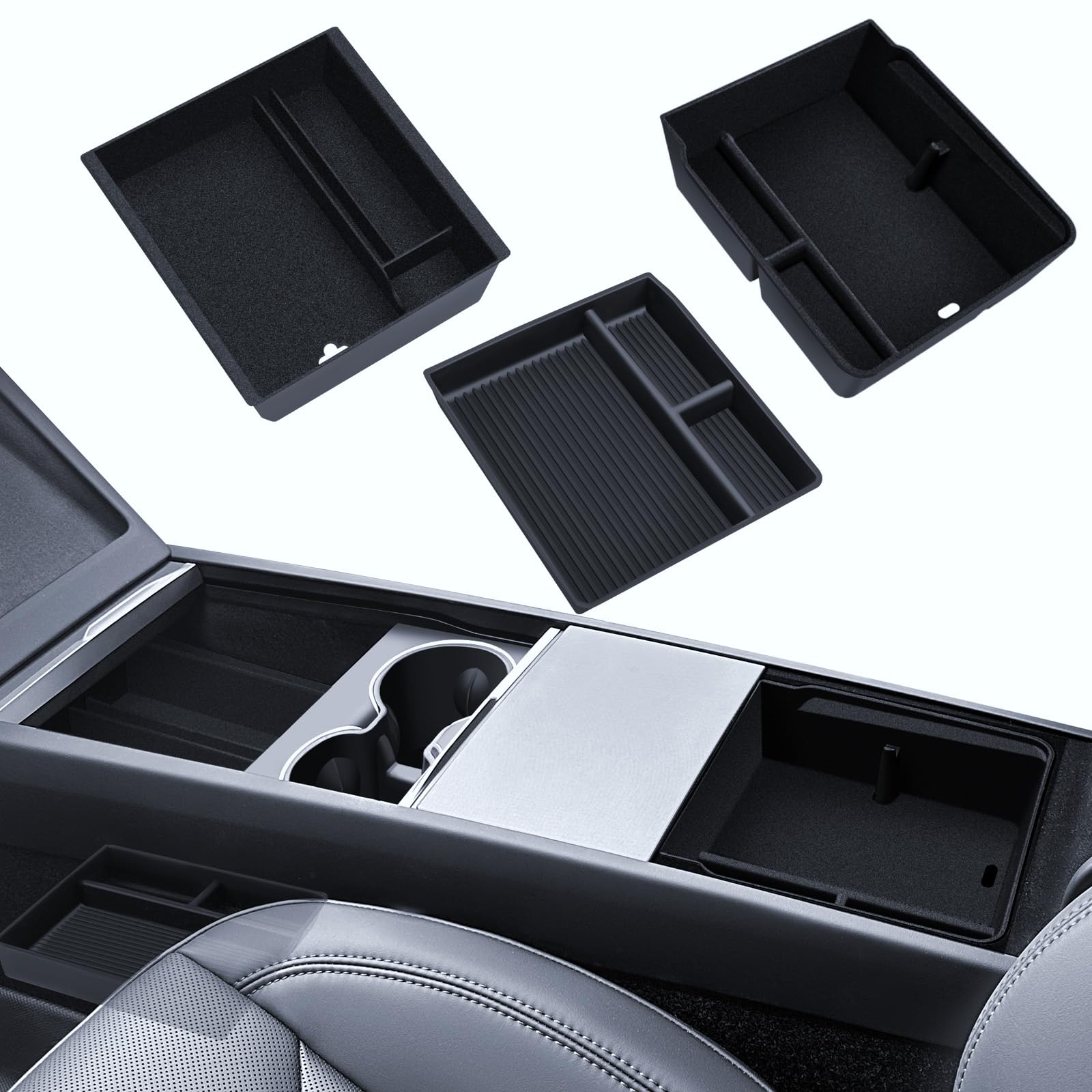 3 Pcs Zubehör für Tesla Model 3 2024-2025 Mittelkonsole Organizer, Silikon Organizer Tray und Armlehne Aufbewahrungsbox (Beflockung)