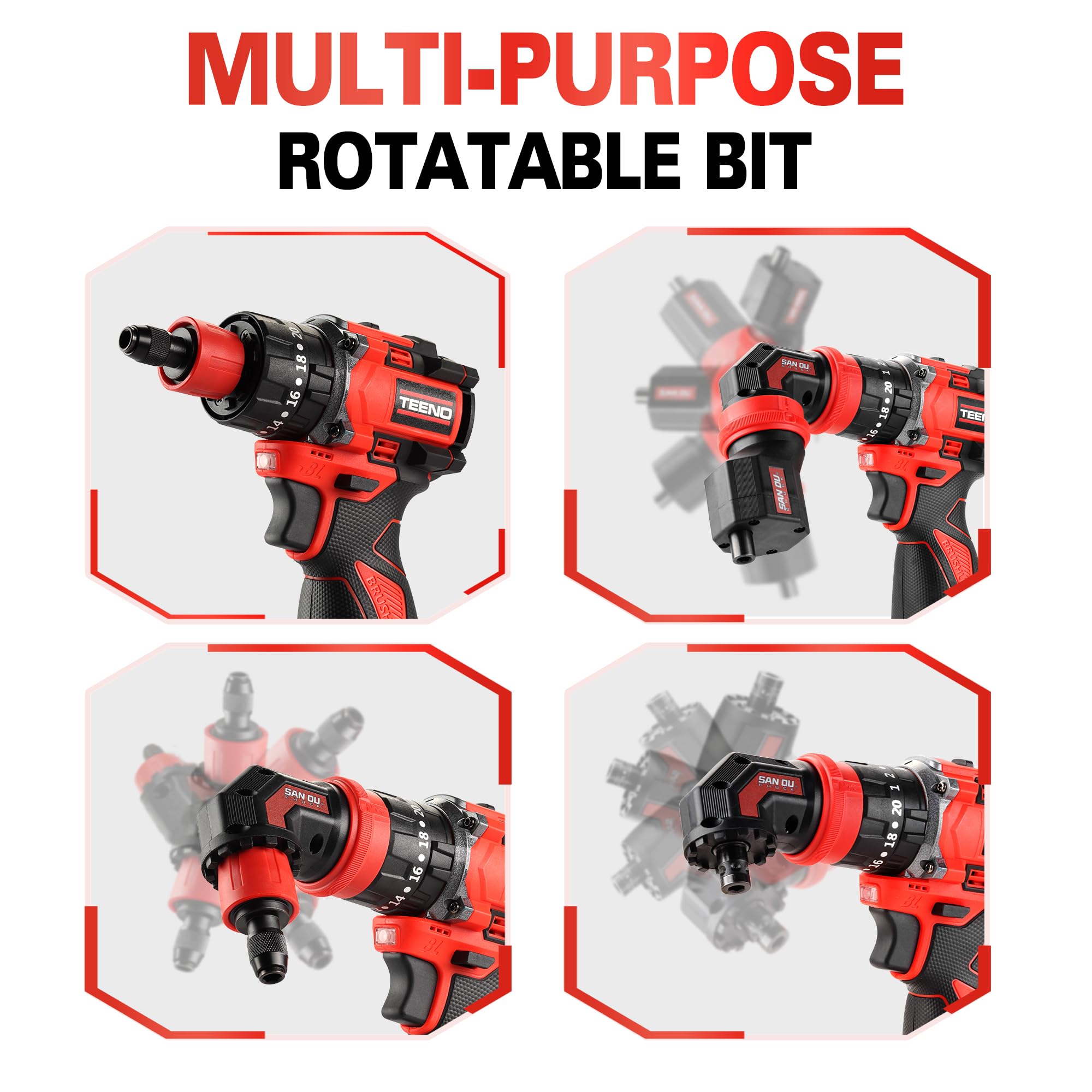 TEENO 18V Brushless Multifonctionnel Kit Perceuse Visseuse sans Fil à Percussion 45Nm, 4 en 1 avec 2 Batteries 2,0Ah, Système Multi-Têtes 20+3 Couple, 2 Vitesses, Mandrin Rapide, LED pour DIY