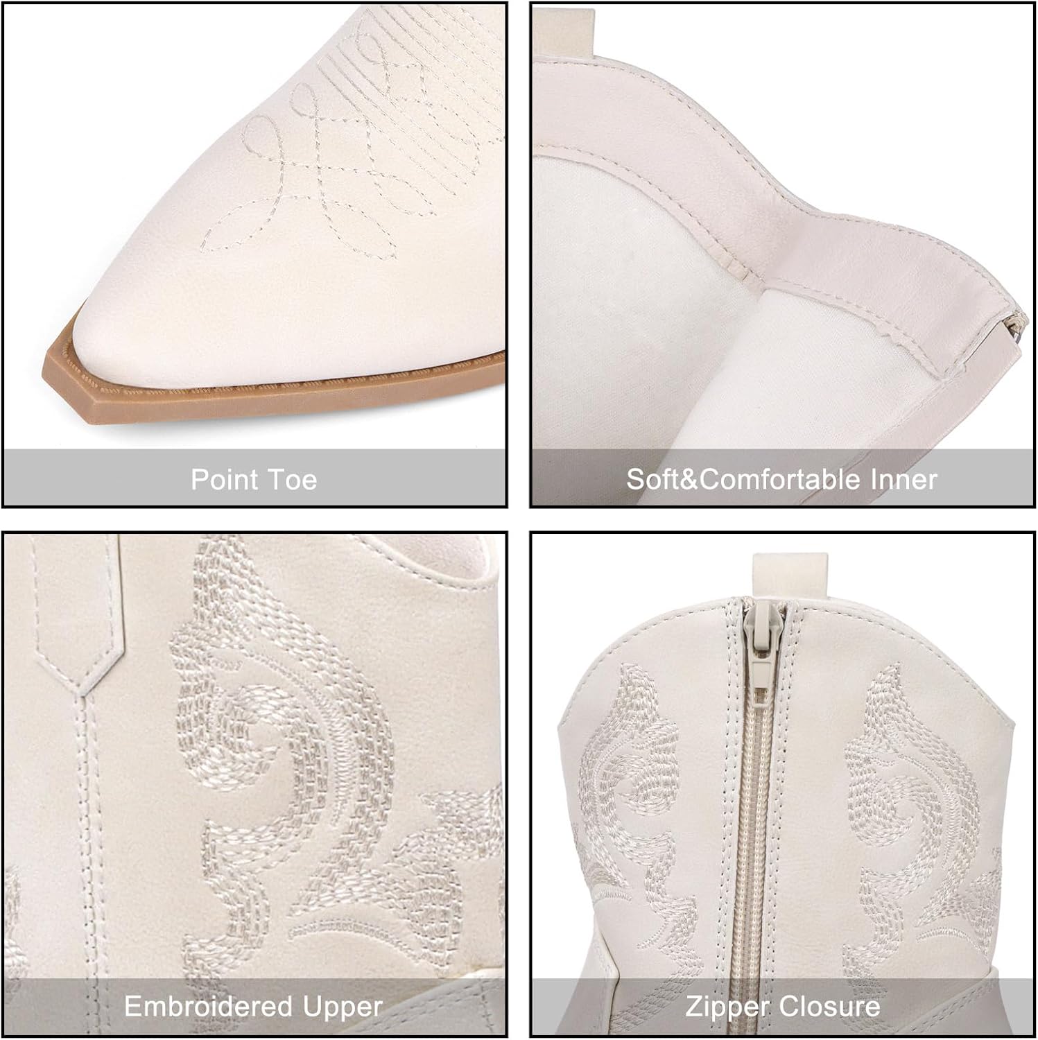 Women Ankle Cowboy Boots Western Cowgirl Boots Pointed Toe Booties Chunky Heel Embroidered Upper Zipper Pull on Ladies Short Boot White 9 - Image 5