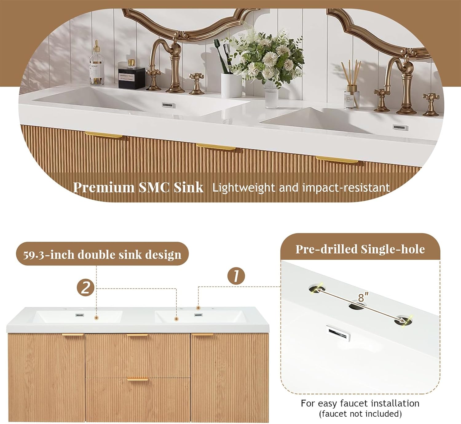 60" Bathroom Vanity with Sink Combo, Floating Double Sink Bathroom Vanity with SMC Resin Top, MDF Cabinet with Solid Wood Frame, Wall-Mounted Bath Room Vanities for Large Bathrooms, Wood