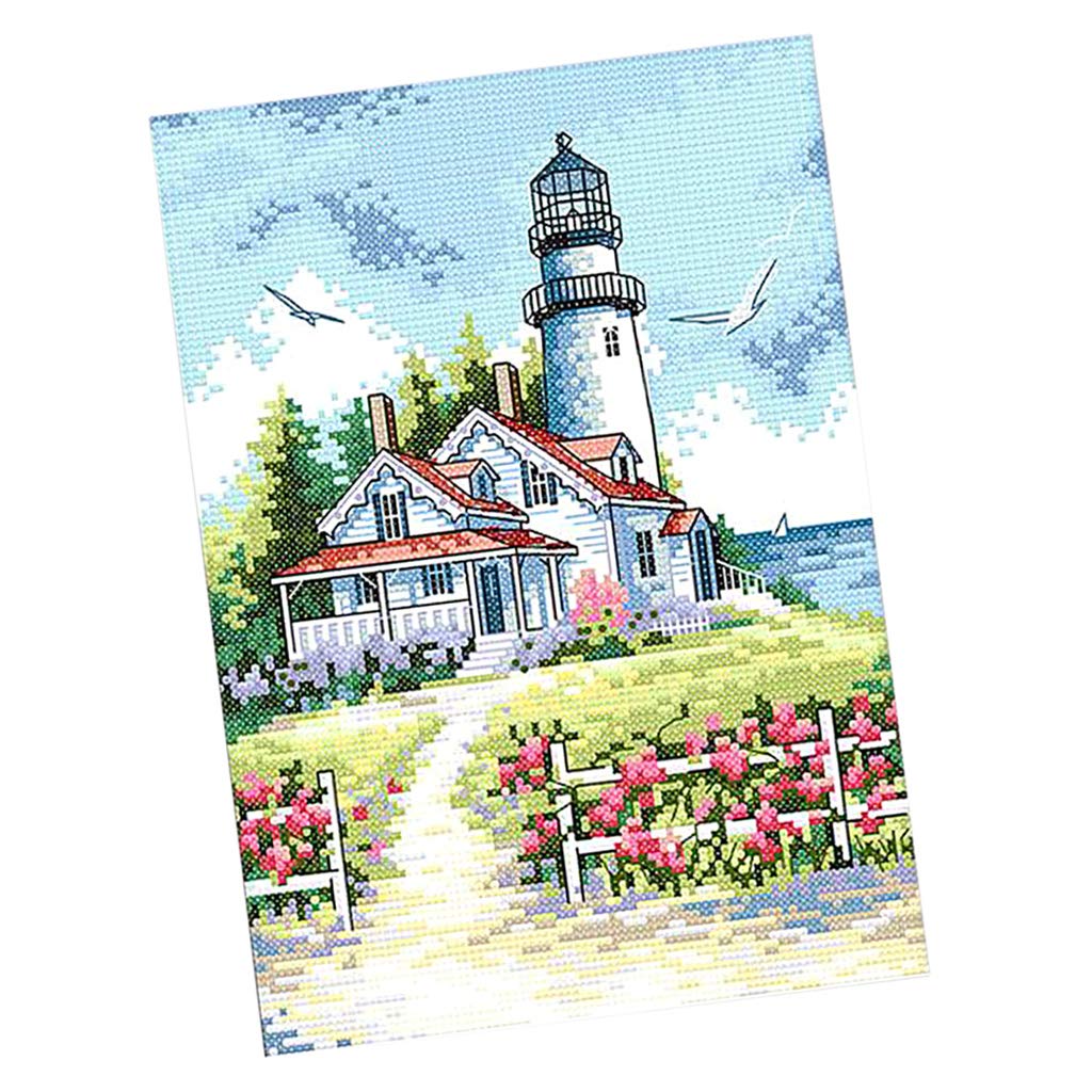 KBOLAE Seaside Lighthouse Stamped Cross Stitch Kit DIY Needlework PrePrinted Fabric